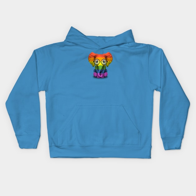 Baby Elephant with Glasses and Gay Pride Rainbow Flag Kids Hoodie by jeffbartels